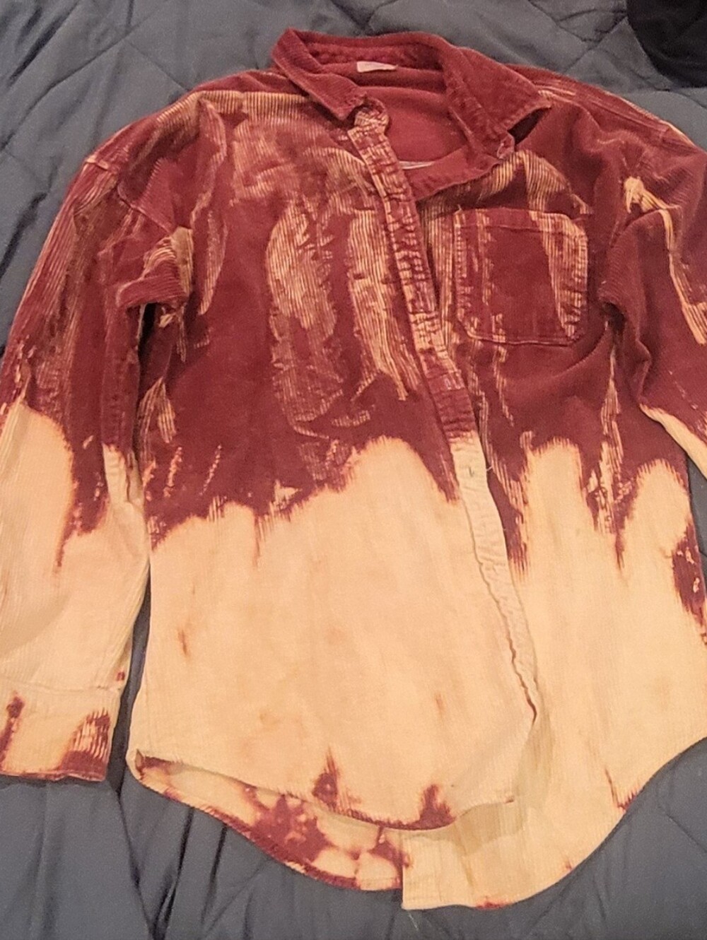 Tie-Dye Corduroy Button-Up Shirt in Burgundy and Cream